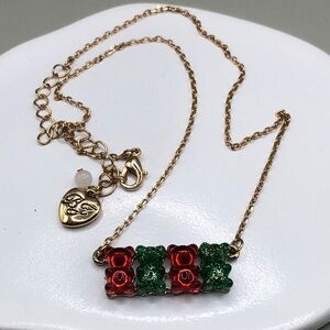 Betsey Johnson glittery gummy bears pendant chain necklace red green.
